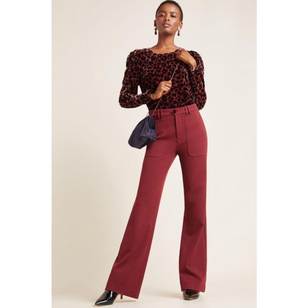 Anthropologie The Essential Twill Trousers Burgundy Red Purple Size 4 Flare‎ Leg